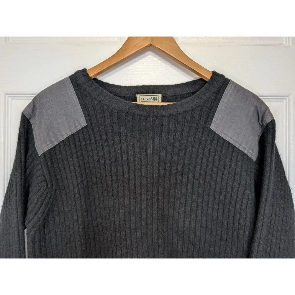 LL Bean Sweater Mens Large Black Commando Merino Wool Ribbed Knit Elbow Patches